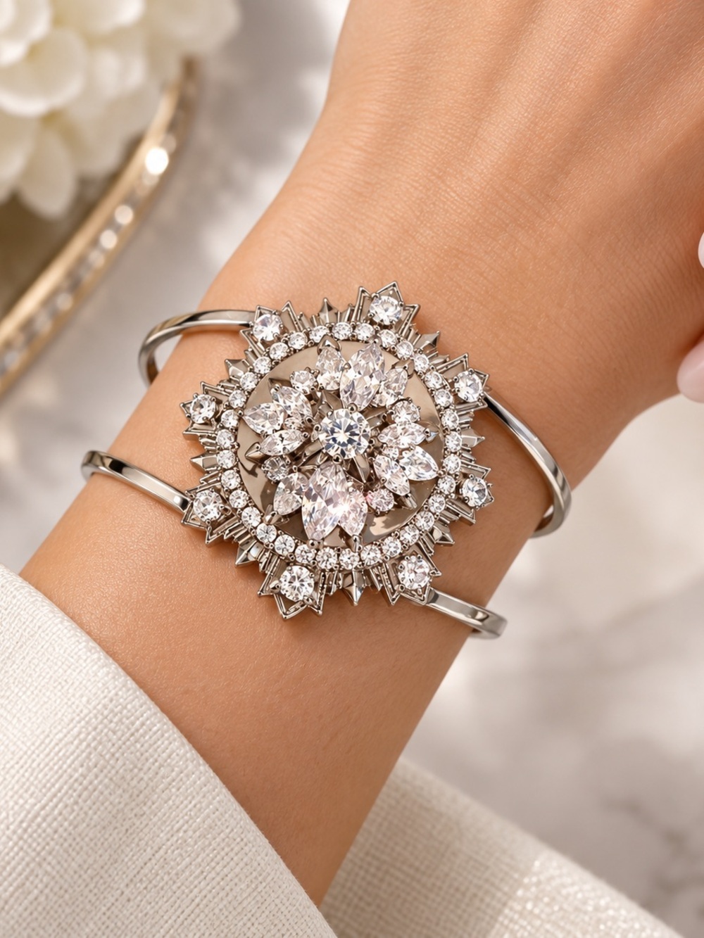 nOir NYC Silver Crystal Sunburst Statement Cuff Bracelet NWT
